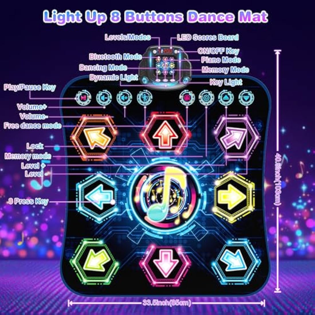 Dance Mat, 2024 Light Up 8-Button Dance Pad with Wireless Bluetooth, Upgraded Flowing Light Control System with Stands, Kids Toys Music Games Birthday for 3-12 Year Old Boys Girls