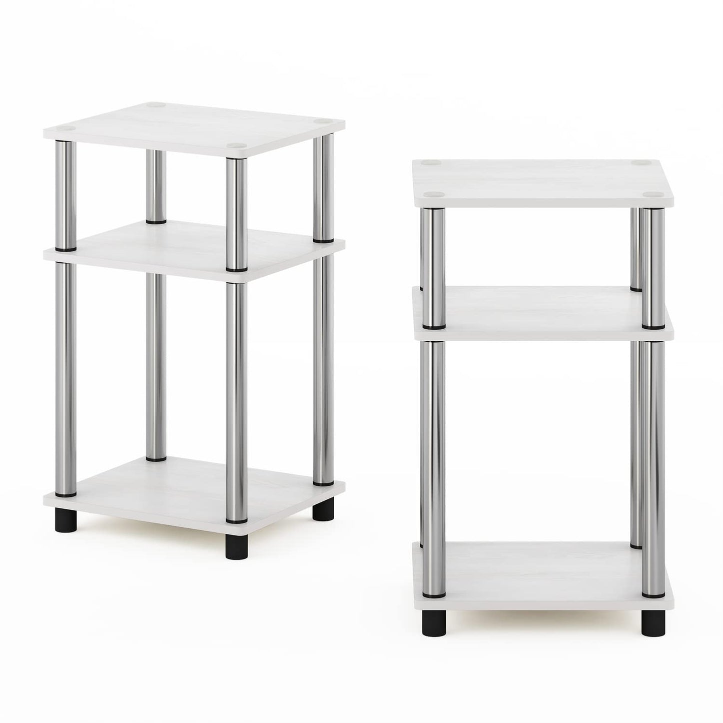 Furinno 3-Tier Turn-N-Tube End, Side Table, Nightstand, Engineered Wood, White Oak/Chrome, 2-Pack