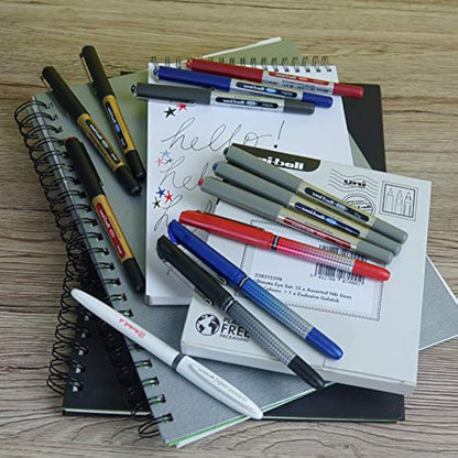 uni-ball Ultimate Eye Rollerball Black, Blue, Red Ink Pens Set. Broad 1.0mm, Fine 0.7mm, Micro 0.5mm, Needle 0.4mm Ballpoint Tip + Signo Gel Pen. Fade and Water Resistant Liquid Uni Super Ink. 13 Pack