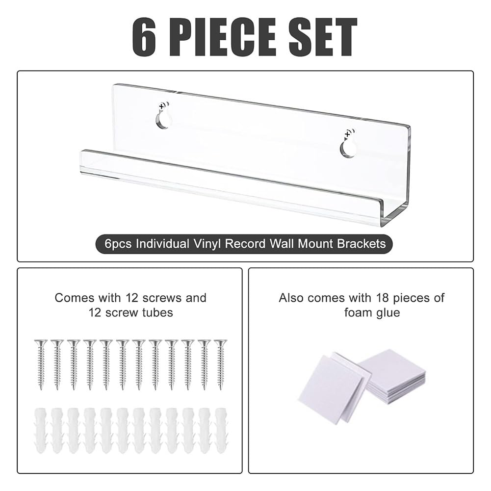 Povxlum Acrylic Vinyl Record Display Rack 6 Pack, Transparent, 7 Inch, Minimalist Floating Shelf for CDs, Blu-ray, Video Stores, Cafes, Bars