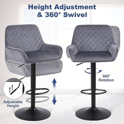 ralex-chair Bar Stools Set of 2, Height Adjustable Velvet Fabric Swivel Barstool Bar Chairs, Breakfast Dining Stools With Backrest and Armrest for Bar, Counter and Kitchen, Grey