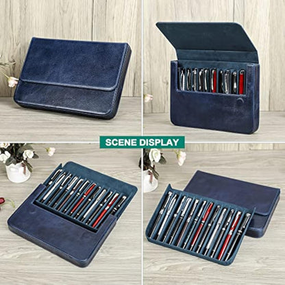 Hiram Leather Pen Case for 12 Pens Vegetable Tanned Leather Fountain Pen Storage Box with Hidden Magnetic Snap Closure and Pens Tray Design (Blue)