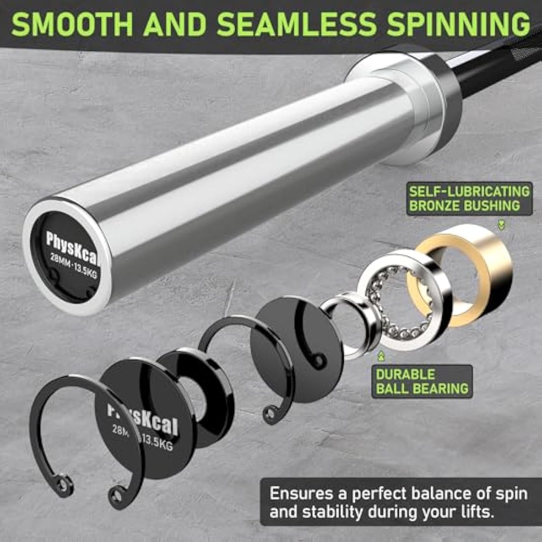 PhysKcal 4ft, 5ft, 6ft Barbell, Olympic EZ Curl Bar with Smooth Bushing & Bearing for 2'' Weight Plates, International Barbells for Press, Squat, Deadlift and Multiple Purposes