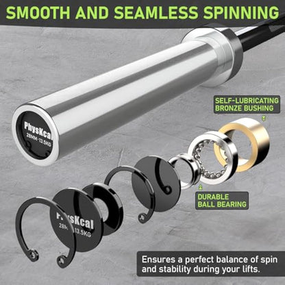 PhysKcal 4ft, 5ft, 6ft Barbell, Olympic EZ Curl Bar with Smooth Bushing & Bearing for 2'' Weight Plates, International Barbells for Press, Squat, Deadlift and Multiple Purposes