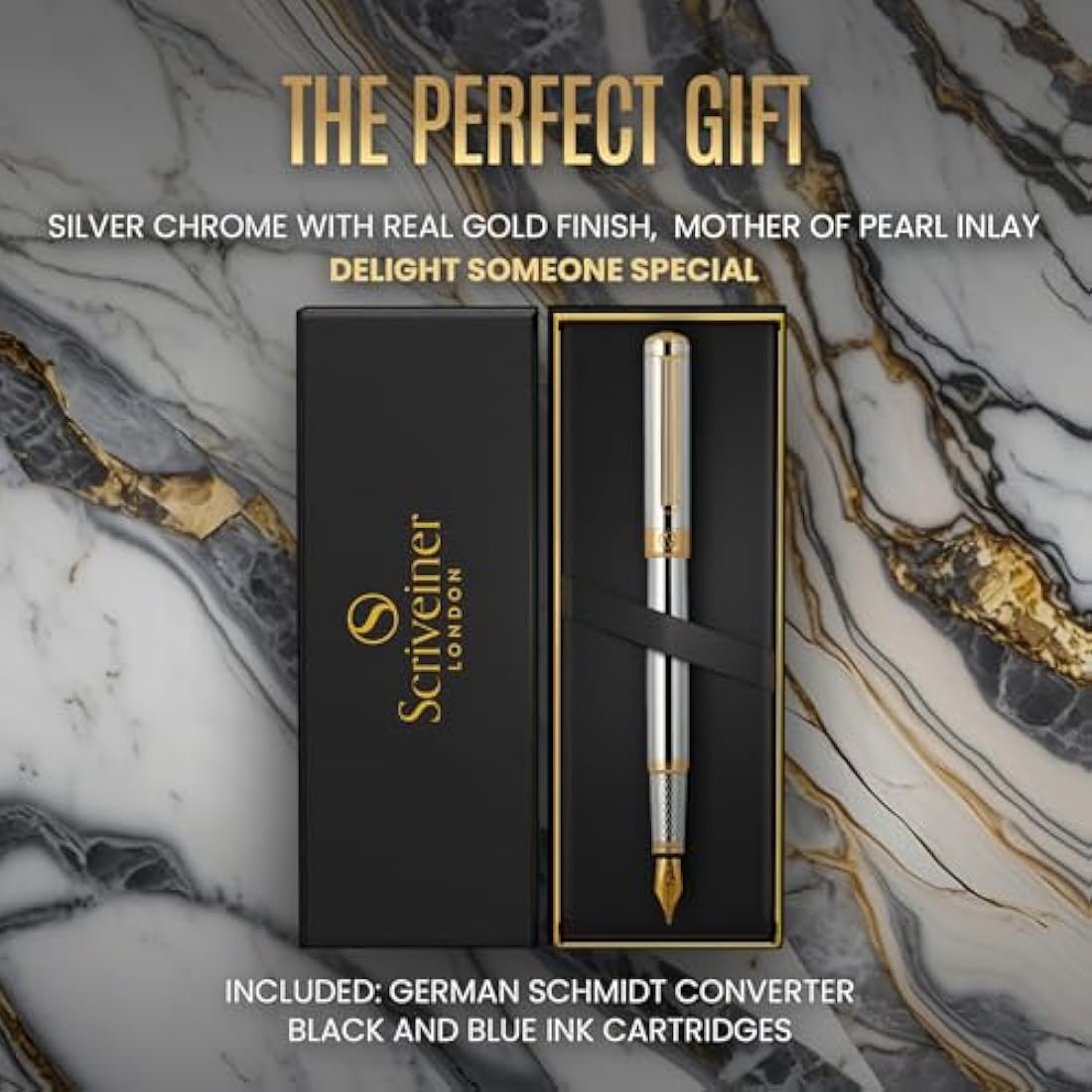 Scriveiner Silver Chrome Fountain Pen - Stunning Luxury Pen, Real Gold Plating, Schmidt Gilded Nib (Broad), Best Pen Gift Set for Men & Women, Professional, Executive Office, Nice Designer Pens
