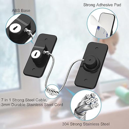 Window Safety Lock Black AOSITE 2 Packs Versatile Window Restrictor Self Adhesive for UPVC No Drilling Window Locks, Refrigerator Lock with Key Child Pet Child Safety Cable Lock for Childproof