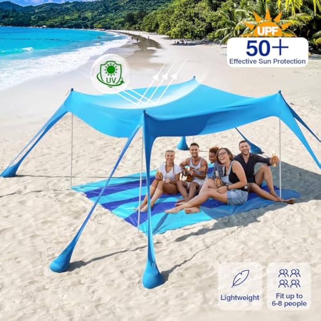 Rhino Valley Beach Tent, 6-8 Person with UV 50+ Sun Protection, Portable Beach Shade Shelter, Large Family Canopy Outdoor Tent for Camping, Fishing, Picnic, Garden