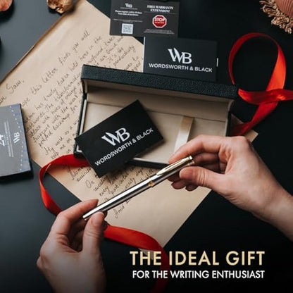 Wordsworth & Black Fountain Pen Set, 18K Gilded Extra Fine Nib, Includes 06 Pack Ink Cartridges, Ink Refill Converter & Gift Box,[Silver Gold], Perfect for Men and Women
