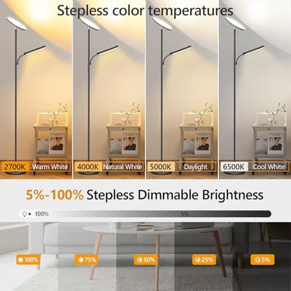 LED Uplighter Floor Lamp, Super Bright Stand Lamp, Dimmable Brightness and 4 Color Temperatures, Remote & Touch Control for Living Room Bedroom Office (Carbon Black)