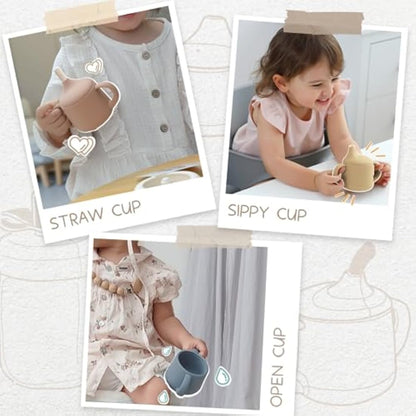 Moonkie Silicone Baby Sippy Cup 6+ Months with 2 Straws (Free Flow & Leak-Proof Valve) | 3 Stage Transition | Baby Water Bottle | BPA Free & Dishwasher Safe | 120ml(Blush)
