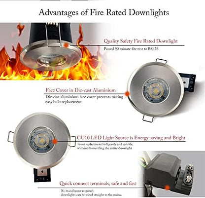 4XSweier 90 Min Fire Rated Downlight,5W 6000K Cool White Waterproof IP65 LED Recessed Ceiling Lights, 230V GU10 Die-Cast Aluminium Spotlight Satin Nickel,(Non-dimmable)