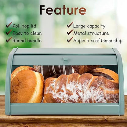 Hossejoy Metal Bread Box, Countertop Bread Storage, Bread Boxes with Roll Top Lid, Bread Bin Container Holder, Breadbox Holds for Your Kitchen Counter (Green)