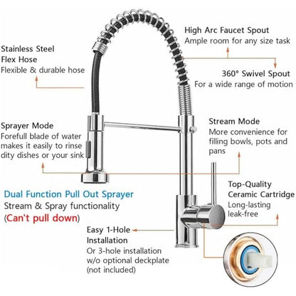Modern Mono Kitchen Mixer Tap Dual Spout & Pull Out Spray Single Lever Chrome 360° Swivel Spout 2-Modes Spray Faucet Water Tap