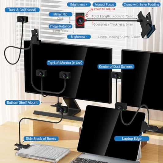 Danyesth Webcam for PC, Laptop Camera USB Webcam with Adjustable Gooseneck, Eye Contact 1080P Computer Camera for Presentation, Desktop Demo, Full-Body View, Video Call, Zoom, Teams, Skype (Black)