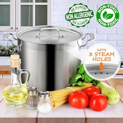 NutriChef 10 litres Stainless Steel Stockpot with Stainless Steel Lid - 18/8 Heavy Duty Large Stock Pot for Stew & Soup, Works w/Induction hub