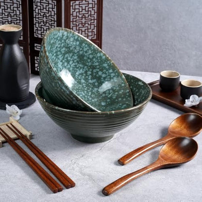 NUTRIUPS 1200ml Ceramic Ramen Bowl Set of 2 Noodle Bowls with Chopsticks and Spoons (Emerald)