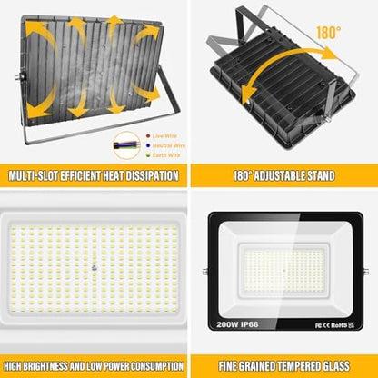 RIGIDON 1 Pcs Outdoor Flood LED Work Light, 200W 20000 Lumens Floodlight, Daylight Cold White Security Lights for Garden Yard Lawn Basketball Football Court Patio Landscape, IP66 Waterproof 6000K