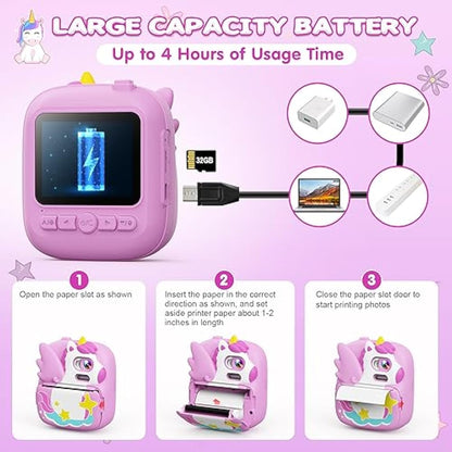 CAMCLID Kids Camera Instant Print, 2.4’‘ Instant Camera for Kids with 32G Card & Print Photo Paper, 1080P HD Video, Christmas Birthday Gifts for Boys Girls Age 3-12 (Purple)