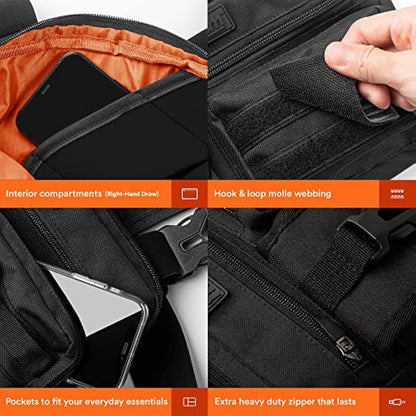 Fitdom Tactical Inspired Sports Utility Chest Pack. Chest Bag for Men with Built-in Phone Holder. This EDC Rig Pouch Vest is Perfect for Workouts, Cycling & Hiking, Jet Black, Tactical Chest Bag
