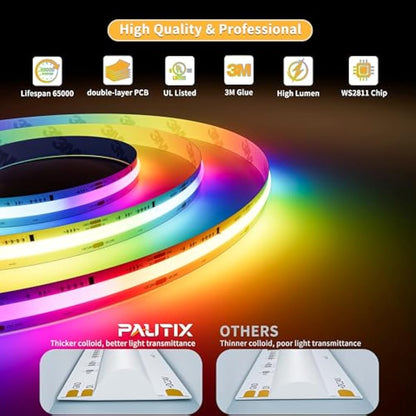 PAUTIX RGB Smart IC COB LED Strip 10M,DC24V 6300LEDs Colour-Changing Pixel Addressable RGB LED Tape Lights,Multicoloured Flexible Lights for Home DIY Lighting Projects(Mains and Remote NOT Included)