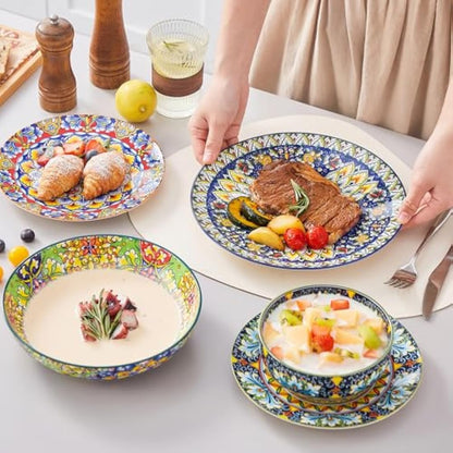 vancasso SIMI Dinner Set- 24 Pieces for 6 People, Porcelain Plates and Bowls Set, Bohemian Style Dinnerware Sets, Scratch Resistant Dinner Service Set, Dishwasher and Microwave Safe