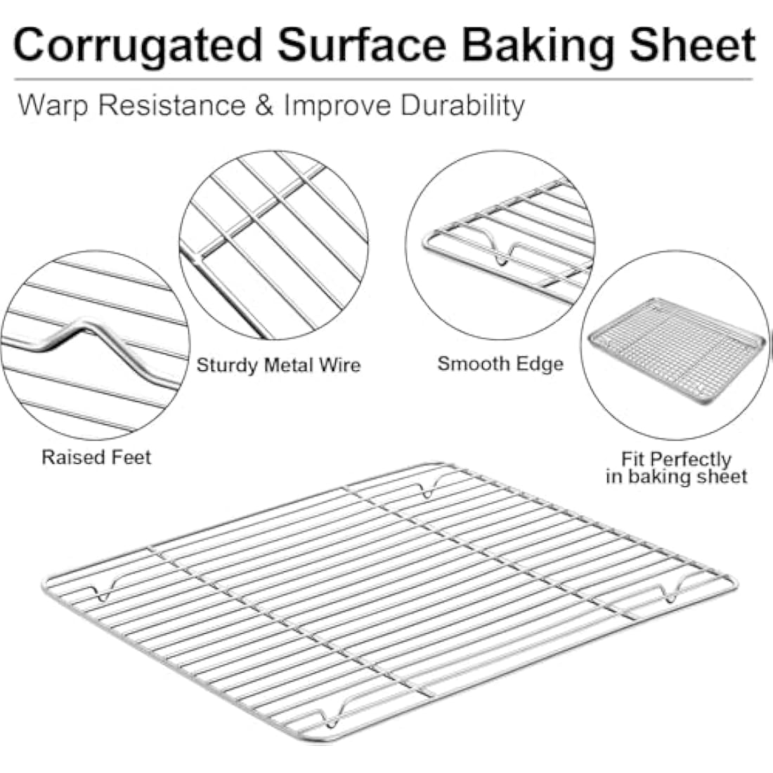 Baking Tray & Rack Set [2 Sheets + 2 Racks], Stainless Steel Non Stick Oven Tray with Rack, Large Cookie Sheet Pan for Baking Cooking, Heavy Duty, Easy Clean, Dishwasher Safe (16 x 12 x 1 inch)