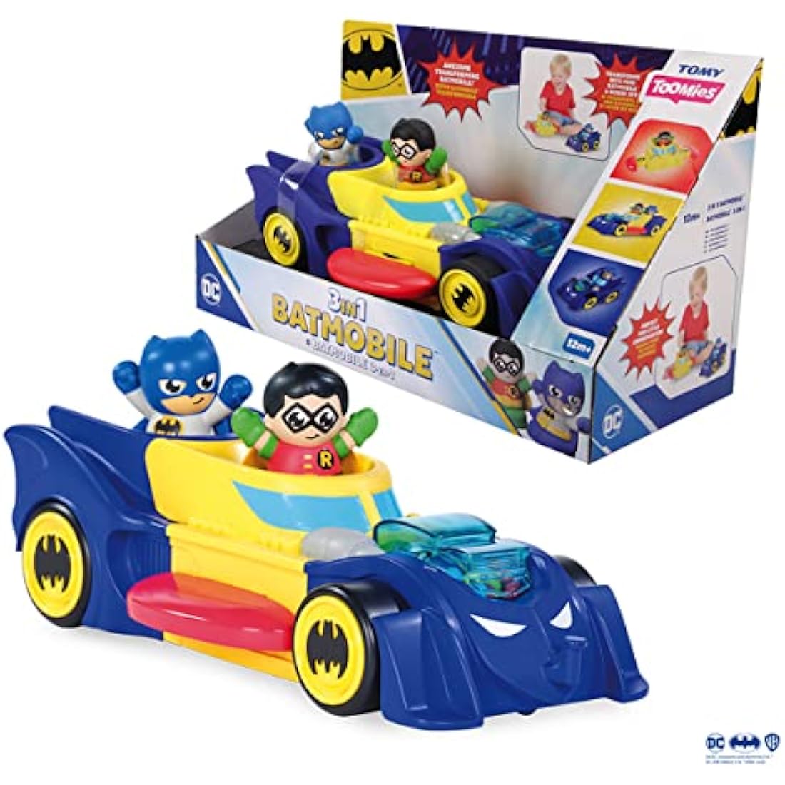 Toomies DC Comics BATMAN E73262 3 in 1 Batmobile from Vehicle Transforms into Mini Batmobile and Jet – Engine Popping Effect – Flywheel Drive Push Along – From 12 Months