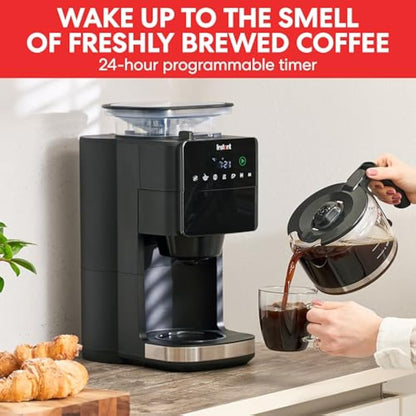 Instant Grind and Brew Bean to Cup Coffee Maker, 24 Hour Programmable Filter Coffee Machine, Reusable Filter, Glass Carafe, Digital Display - 4-10 cup Customisable Brewing & Automatic Bean Grinder