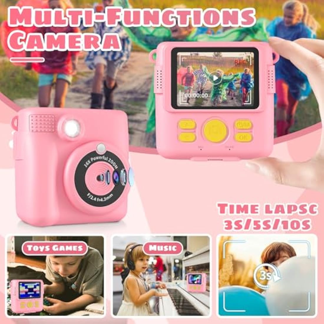 Kids Instant Print Camera, 1080P HD Digital Camera with 32G TF Card & Color Pen, Portable Toy Birthday Gift for 3-10 Year Old Girls