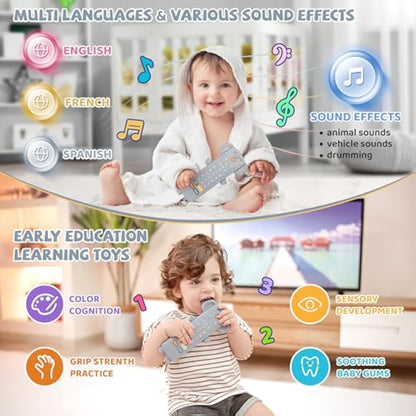 Baby Remote Control Toy with Silicone Teether Cover - Baby Musical Toys, Early Number Learning in 3 Languages (English, Spanish & French), Preschool Boys Girls Toys Gift 6, 12, 18 Months.