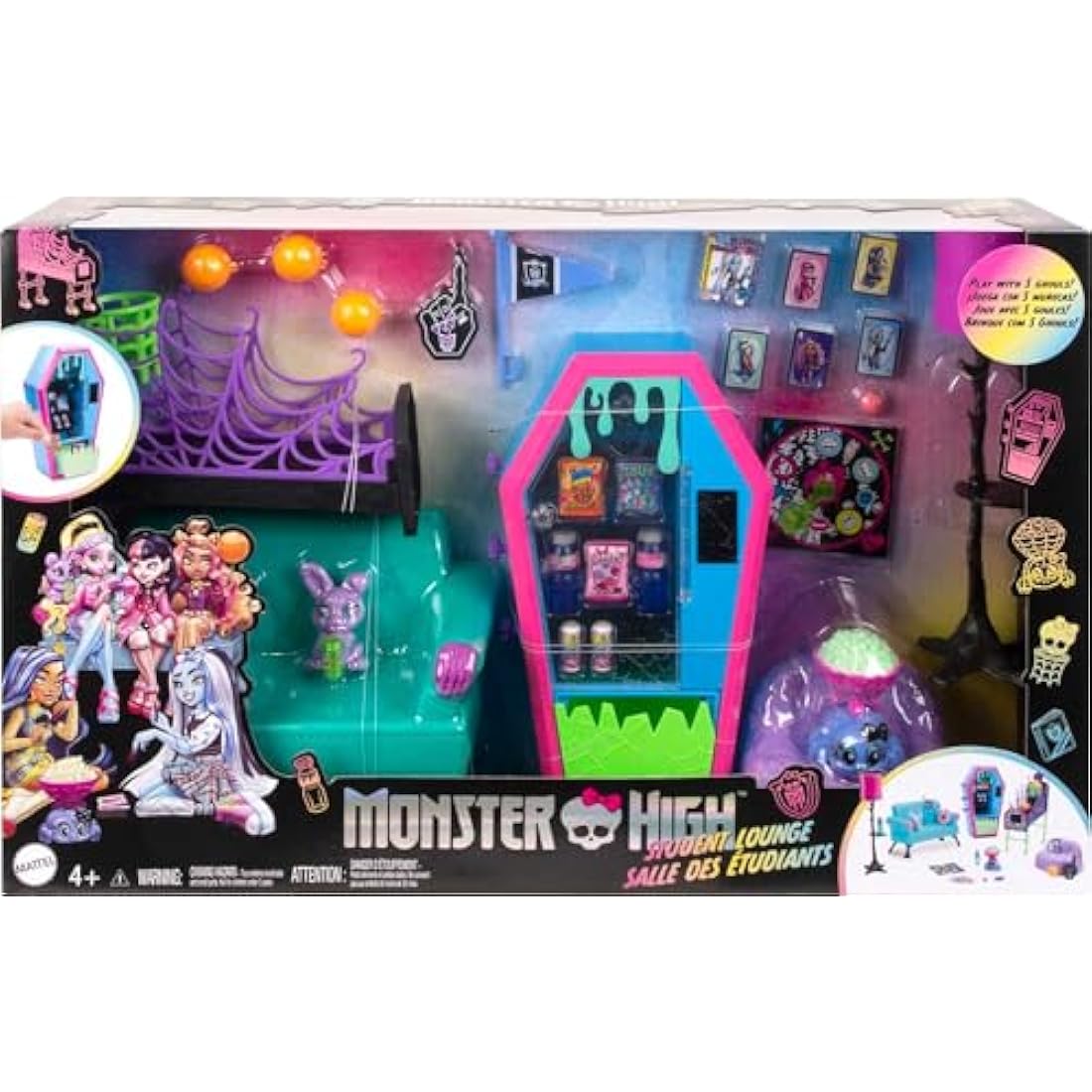 Monster High Student Lounge Playset, Doll House Furniture and Themed Accessories with Two Pets and Working Vending Machine