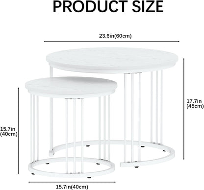 Huhote Round Coffee Tables, Set of 2 End Table, Nesting Tables, Side Table with Metal Frame for Living Room/Bedroom/Balcony/Office/Apartment