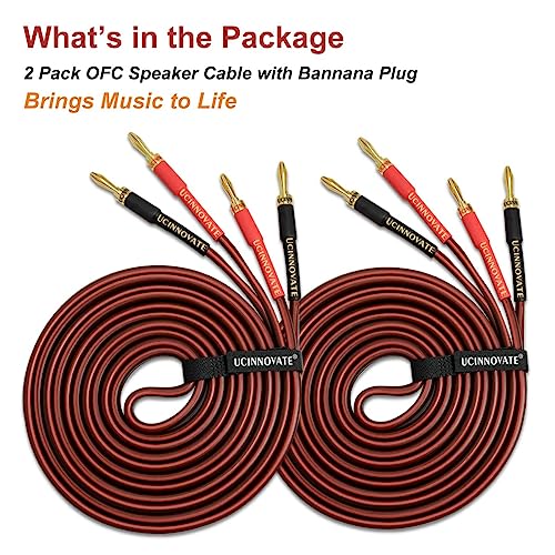 WOWLED 2 Pack High-end Pure Copper HIFI OFC Speaker Wire Cable with Banana Plug, 3m Gold-Plated Banana Tip Plugs 600 Strand 14 AWG for Audio Speaker HIFI System (3m / 9.8FT)