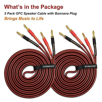 WOWLED 2 Pack High-end Pure Copper HIFI OFC Speaker Wire Cable with Banana Plug, 3m Gold-Plated Banana Tip Plugs 600 Strand 14 AWG for Audio Speaker HIFI System (3m / 9.8FT)