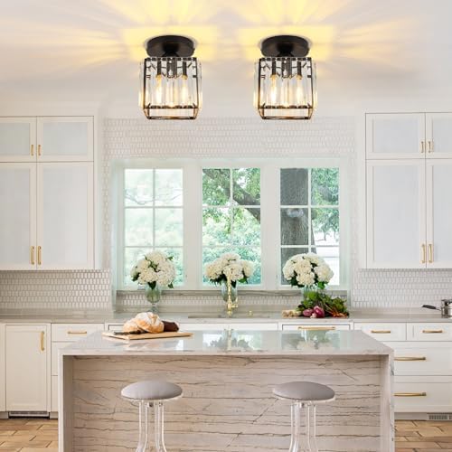 FORCOSO Ceiling Light 2-Pack, Black Light Shade Crystal Light Fitting, Semi Flush Chandelier Metal Lampshade, E27 Lighting Fixture for Living Room Hallway Kitchen Dining Room Bedroom Lounge