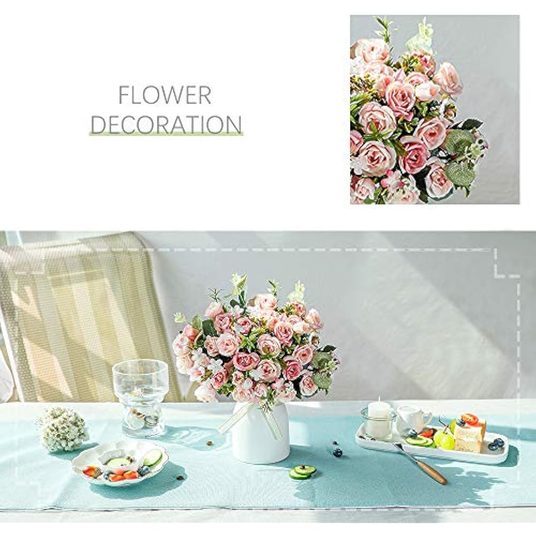 LESING Artificial Silk Rose with Vase Fake Flowers Wedding Flowers Bouquets Arrangement Home Office Party Centerpiece Table Decoration (Pink)