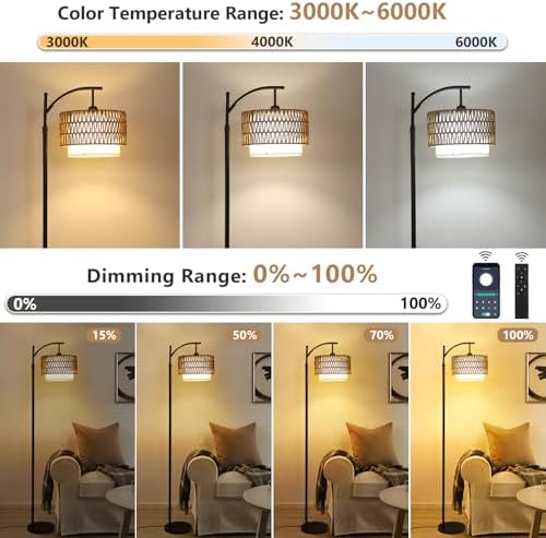 Rayofly Arc Floor Lamp for Living Room, Dimmable Floor Lamps with Remote Control, Boho Standing Lamp with Rattan & Linen Double Shades, Black Reading Tall Lamp for Bedroom Office