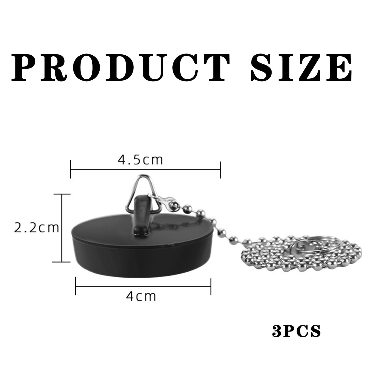 3 PCS Universal Bath Plug and Chain, 4cm/ 1.57in Bath Plug with 40cm/ 15.75in Chain, Black and Sturdy Rubber Sink Plugs