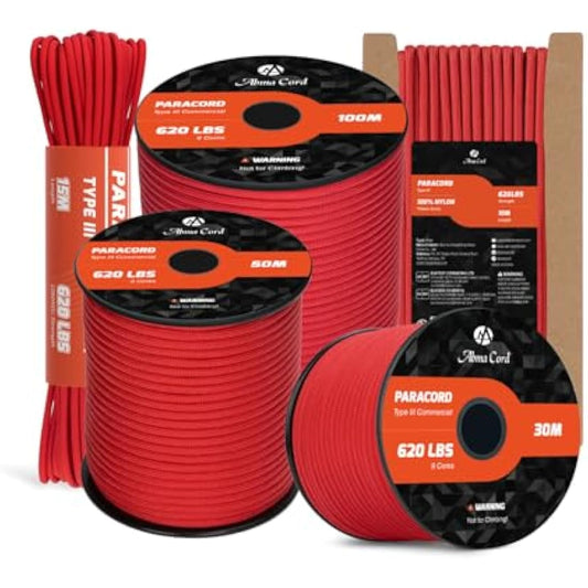 Abma Cord Paracord 4mm 100m 100% Nylon Rope 9 Strands Type III Parachute Cord for DIY, Camping, Survival, Outdoor - Max. 280kg - Red