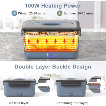 Herrfilk 100W Electric Lunch Box Adults, 1.8L Thermal Lunch Box with Compartments, Heated Lunchbox with 230V Home/Office & 12V 24V Car/Truck Cables, Insulated Lunch Bag, Spoon and Fork, Dark Blue