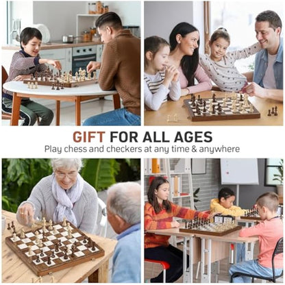 Sarr Klith Chess Set and Checkers 2IN1, 16" Wooden Magnetic Chess Board for Adults Kids, Foldable Travel Chess Set with 2 Extral Queen, Chess Gift Toys for Boys Girls
