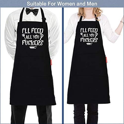 APRONPANDA I'll Feed All You - Funny Black BBQ Chef Aprons for Men Women with 2 Pockets - Gifts for Men, Birthday Gifts for Husband, Son, Boyfriend- Kitchen Cooking Grilling Apron
