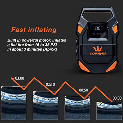 TOPWAY Tyre Inflator Air Compressor 12V DC, Digital Car Tyre Pump 150 PSI, 22mm Metal Cylinder, Auto Stop, Preset Pressure, Large Capacity, LED SOS Light, Cloth Bag, for Auto Bicycle Truck Tyres