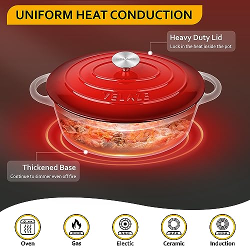 Velaze 5L Oval Dutch Oven, Non Stick Cooking Pan Pot Dutch Oven, Enamel Coating, Good Sealing, for All Heat Source, Classic 30cm(Red) 5l oval dutch