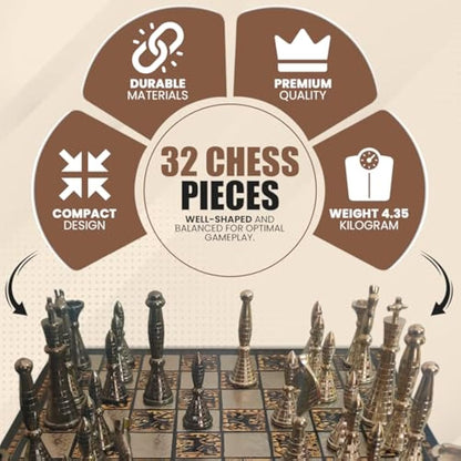Guruji Divinity Collectible Tribal Warli Art Brass Chess Set in Leather Storage Box. (12 X 12 in)