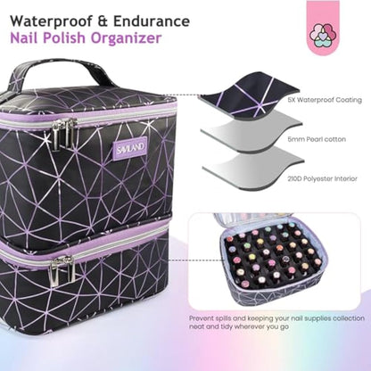 SAVILAND Nail Polish Organizer Bag: PU Leather Nail Kit Organizer Holds 30 Bottles & Nail Lamp, Black Nail Supply Organizer Nail Polish Carrying Case Gel Nail Organizers and Storage Box for Nail Tech