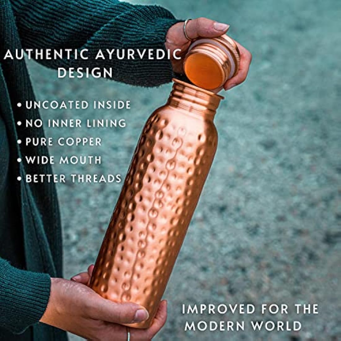 Kosdeg Hammered Copper Water Bottle 1 Liter / 34 Oz Extra Large - an Ayurvedic Pure Copper Vessel - Drink More Water, Lower Your Sugar Intake and Enjoy The Health Benefits Immediately