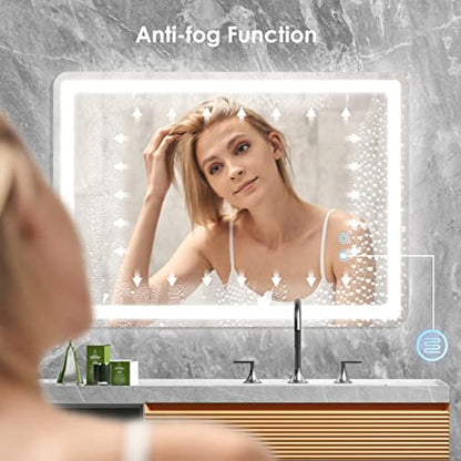 Potuem Bathroom Mirror with LED Lights, 500 * 700 MM Illuminated Backlit Wall Mounted Vanity Mirror with 3 Lights, Anti-Fog, Dimmable, IP54, Horizontal/Vertical