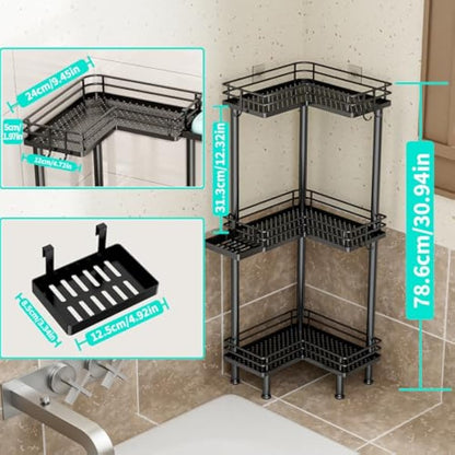 HapiRm Freestanding Shower Caddy Corner - 3 Tier Shower Storage with Soap Holder, Stainless Steel Corner Bathroom Storage with 4 Hooks for Shampoo, Tall Floor Bathroom Caddy Freestanding
