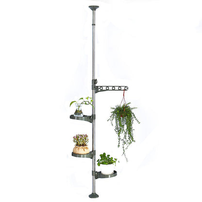 BAOYOUNI Indoor Plant Pole Stand Tension Rod Adjustable Flower Display Rack Spring Loaded Floral Hanger Storage Shelf with 3 Trays & 1 Arm for